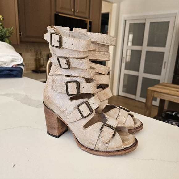 Freebird by Steven Shoes - Freebird Bond RARE Gladiator Strappy Heeled Boots Rustic Tan Cream